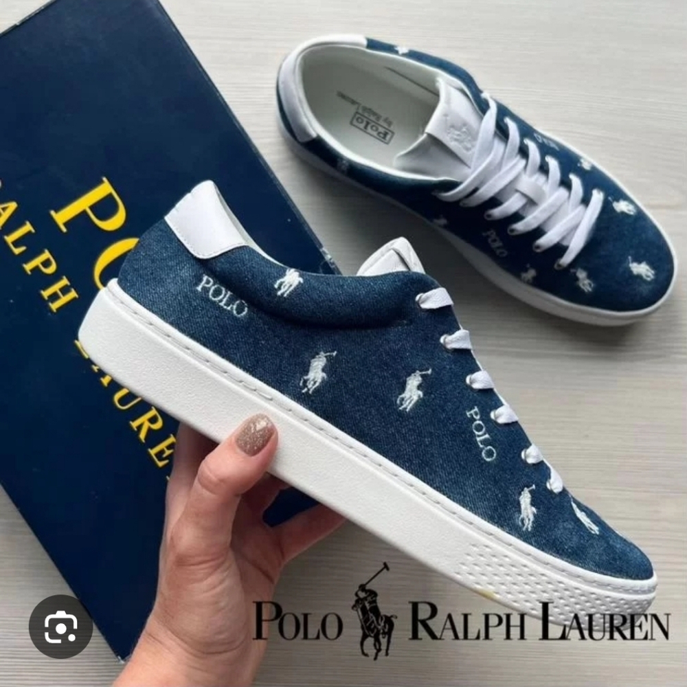 New +box Polo by Ralph Lauren Women's Denim Blue Sneakers Broidered Pony